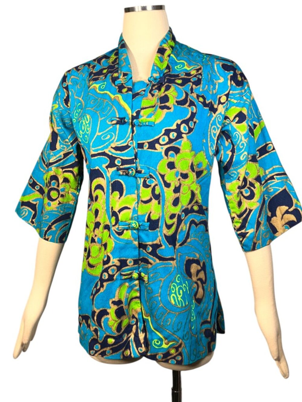 Vintage 1960s Paradise Hawaii Barkcloth Hawaiian Jacket Mandarin Collar S